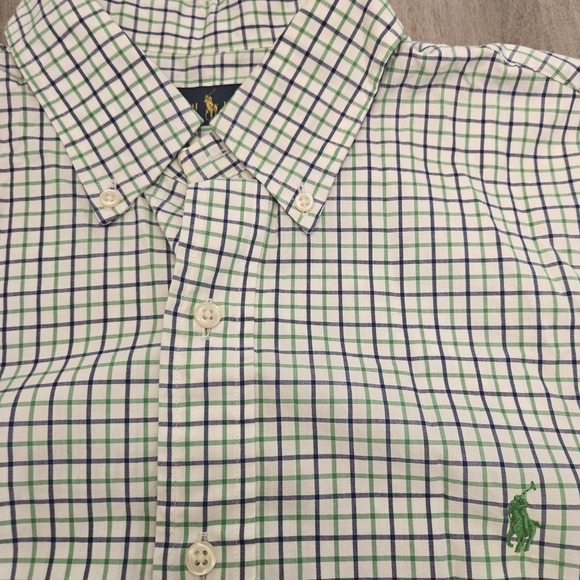 Polo Ralph Lauren Button Down Shirt Mens Large Blue‎ Green Check Short Sleeve - Picture 1 of 8